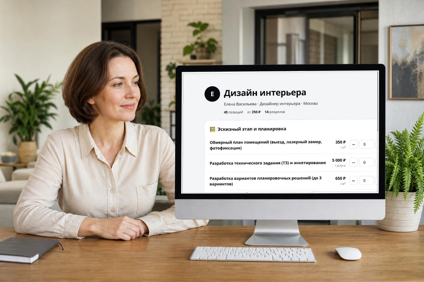 Заказчица проверяет согласованную смету на мониторе SmetaKit